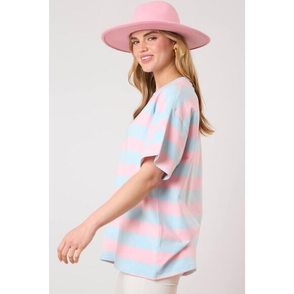 Fantastic Fawn Women’s Small Oversized Blue Pink Stripe Short Sleeve Basic Top - Picture 6 of 6
